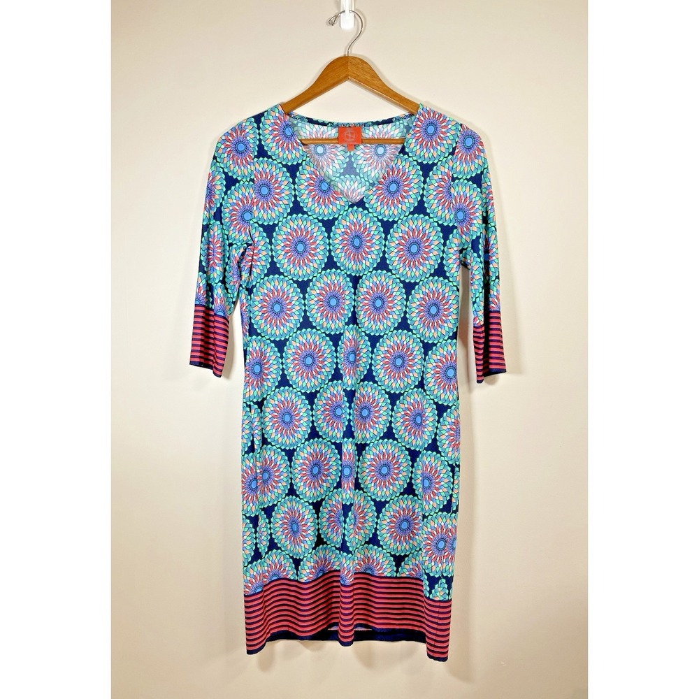 Tracy Negoshian Womens Blue Pink Medallion Print V-Neck 3/4 Sleeve Shift Dress M